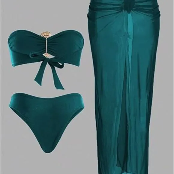 Women's Strapless Bandeau Swimsuits High Waisted Bikini Sets with Beach Sarong S - Picture 6 of 6